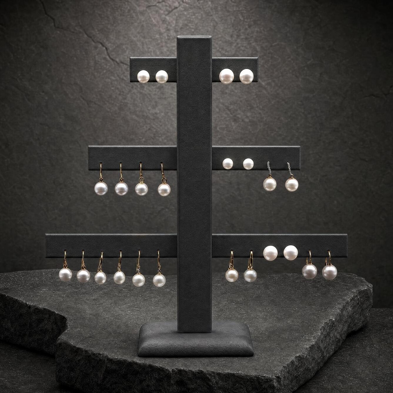 A selection of pearl stud and drop earrings in gold and white gold. Price on enquiry.